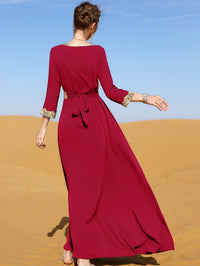 Ramadan Lace Trim V Neck Kaftan, Elegant Long Sleeve Maxi Dress, Women's Clothing