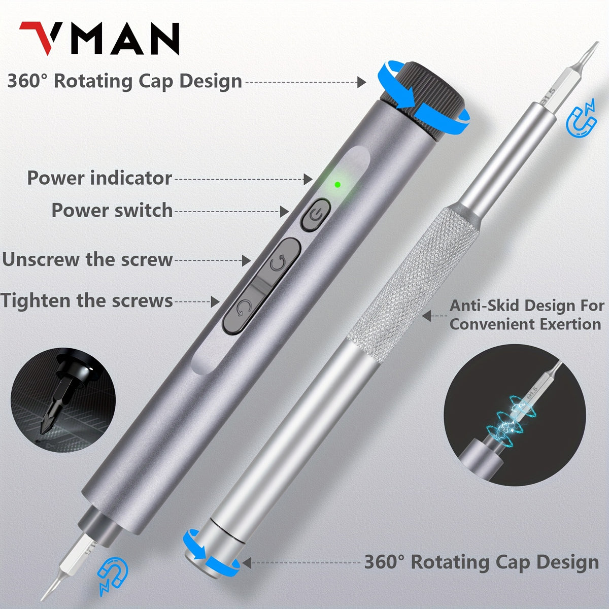 VMAN 138-in-1 Precision Electric Screwdriver Set, Handheld Chrome Vanadium Steel, Battery/USB Dual Power Mode, 230mAh Rechargeable Lithium Polymer Battery, ≤36V Operating Voltage for Mobile Phones, Cameras, Computers, Gamin