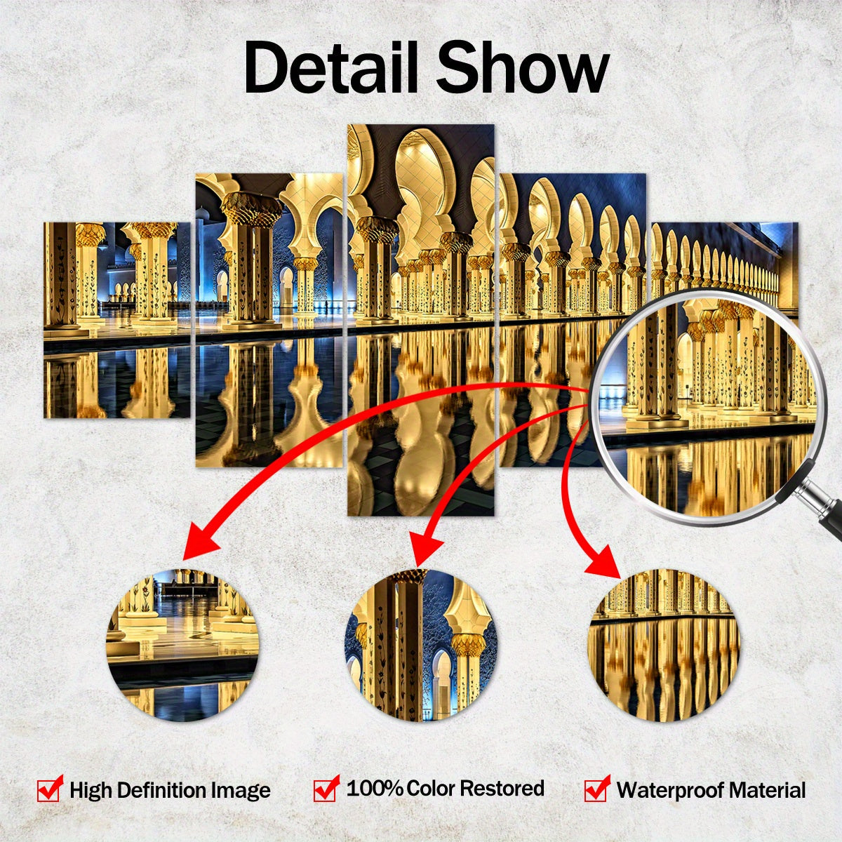 Wooden Framed Canvas, Magnificent Architecture Theme Poster - 5pcs