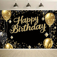 Luxury Black & Golden Happy Birthday Backdrop, Polyester Party Decor with Diamond Balloons & Sparkles, Versatile Indoor/Outdoor Celebration Banner for Weddings, Birthdays & More, No Electricity Needed