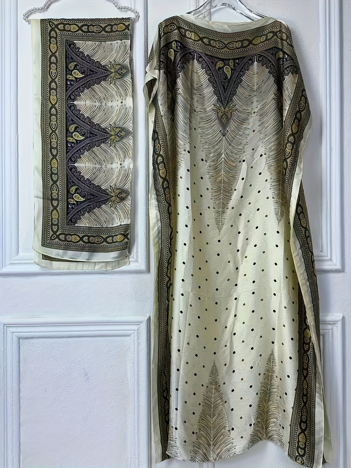 Print Boat Neck Abaya, Elegant Short Batwing Sleeve Loose Dress With Scarf For Spring & Summer, Women'S Clothing