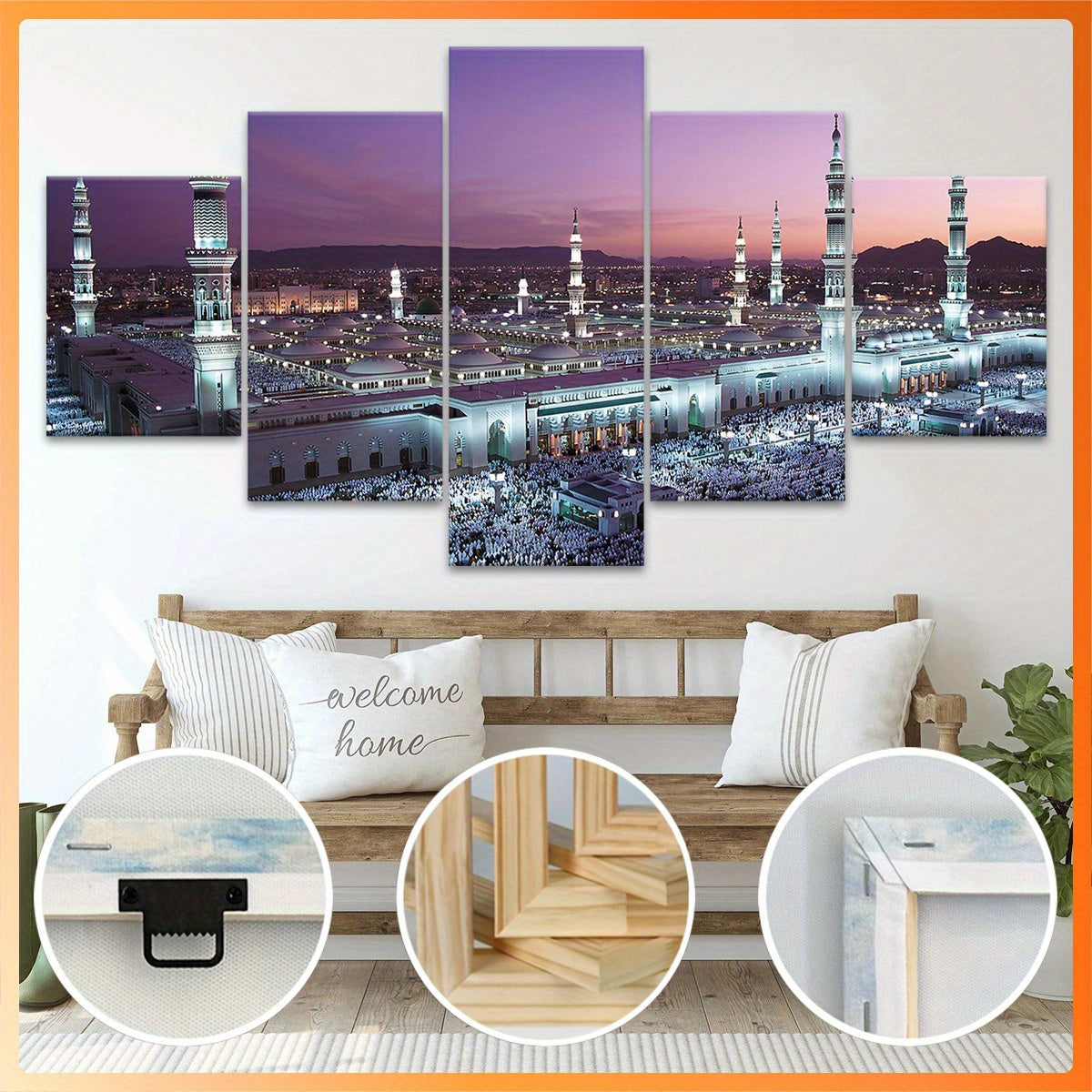 Mosque Landscape Canvas Wall Art Set, Wood Framed Ink Print Posters - 5pcs