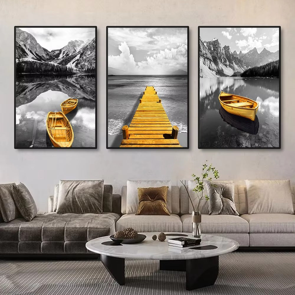 Frameless Canvas Prints - Yellow Boat on Lake & Golden Wooden Bridge - 3pcs Set