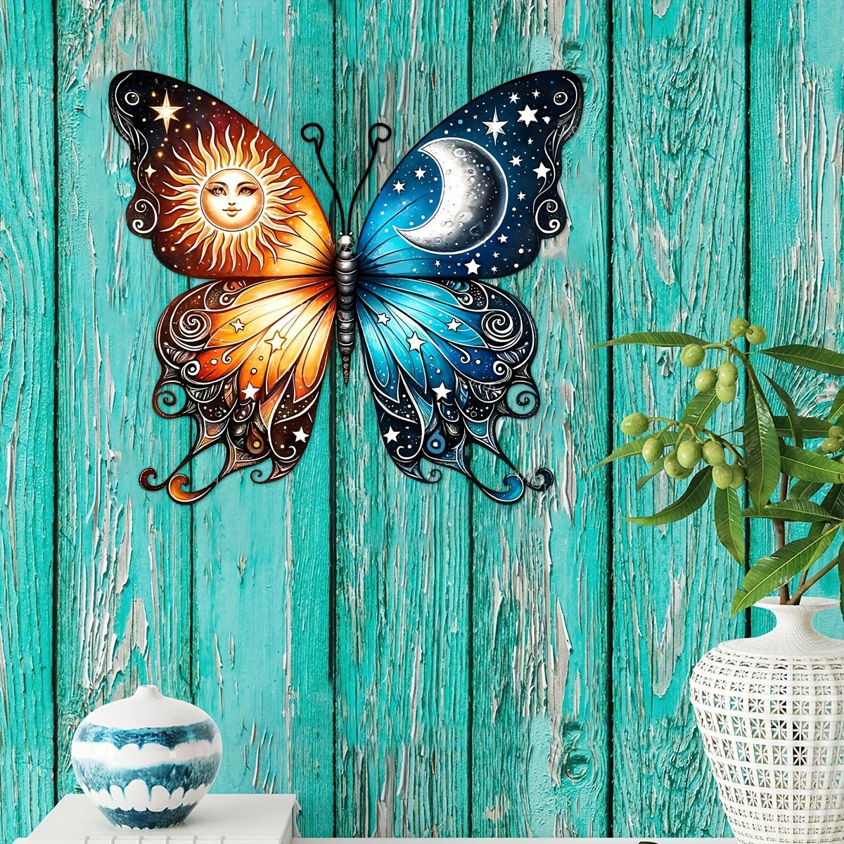 Butterfly Sun and Moon Metal Garden Sign