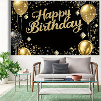 Luxury Black & Golden Happy Birthday Backdrop, Polyester Party Decor with Diamond Balloons & Sparkles, Versatile Indoor/Outdoor Celebration Banner for Weddings, Birthdays & More, No Electricity Needed