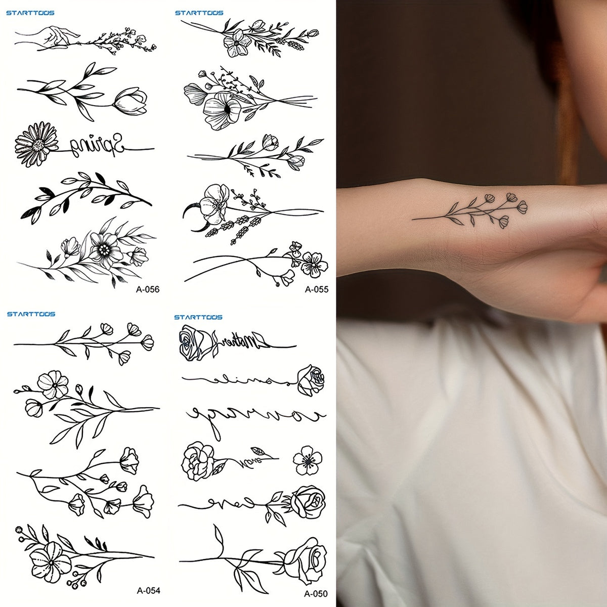 Black Simple Line Floral Patterns Finger Wrist Ear Can Last For 3-5 Days - 4 Sheets