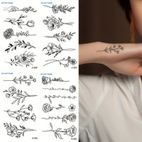 Black Simple Line Floral Patterns Finger Wrist Ear Can Last For 3-5 Days - 4 Sheets