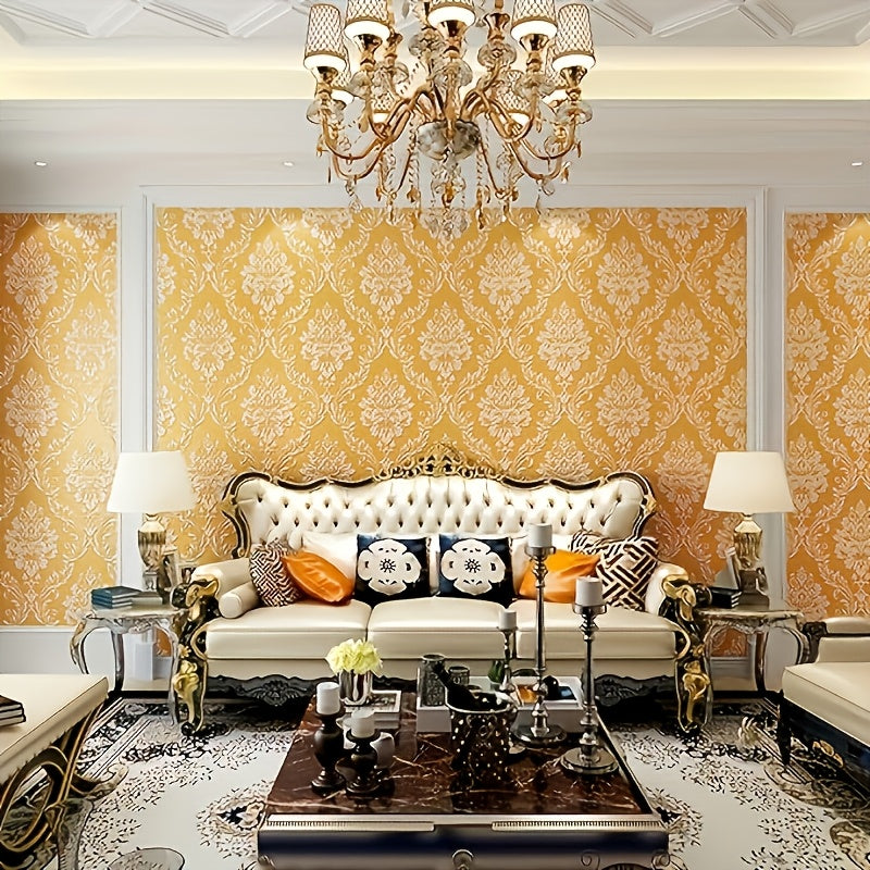 Luxurious Golden Yellow Floral Satin Wallpaper