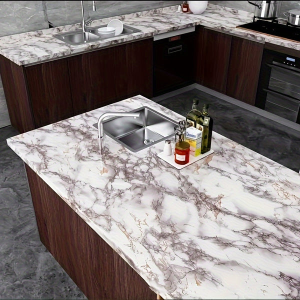 1 Roll Self-Adhesive Marble Vinyl Wallpaper, Thicker Glossy Finish, Stone And Wood Style, Waterproof Oil-Proof, Renovation Stickers For Kitchen Bathroom TV Background Wall, Vinyl Material