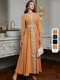 Ramadan Lace Trim V Neck Kaftan, Elegant Long Sleeve Maxi Dress, Women's Clothing