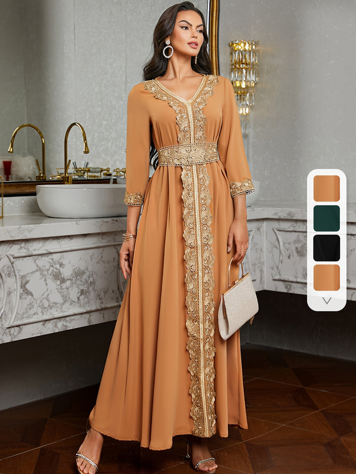 Ramadan Lace Trim V Neck Kaftan, Elegant Long Sleeve Maxi Dress, Women's Clothing