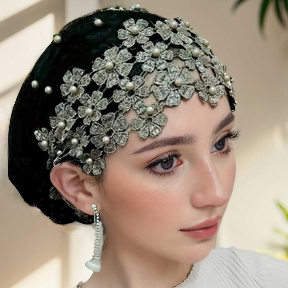 Elegant Jacquard Polyester Headscarf with Pearl Embellishments