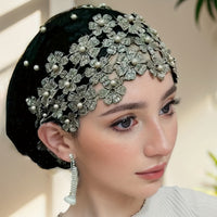 Elegant Jacquard Polyester Headscarf with Pearl Embellishments