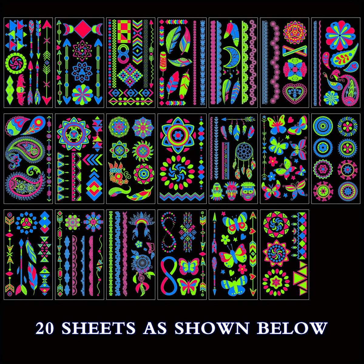 Neon Glow Temporary Tattoos, Blacklight Body Art Stickers, - 20 Sheets