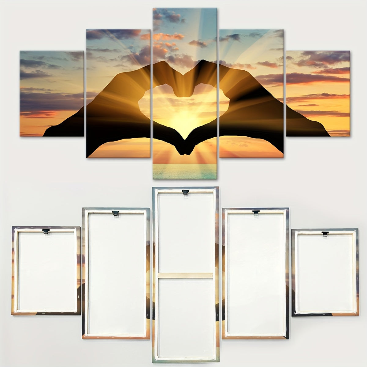 Contemporary Canvas Wall Art Set, Sunset Love Heart Hand Silhouette - 5pcs