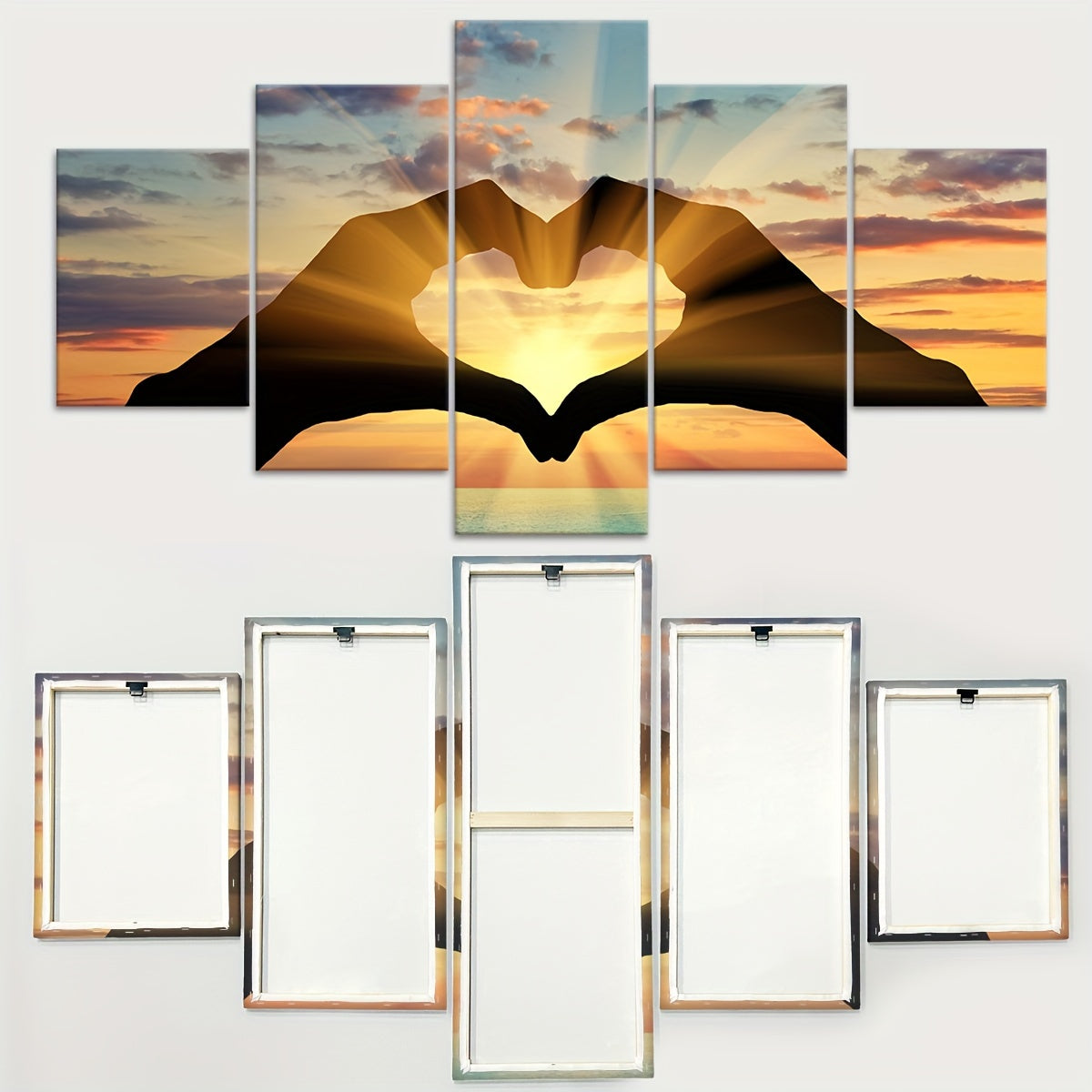 Contemporary Canvas Wall Art Set, Sunset Love Heart Hand Silhouette - 5pcs