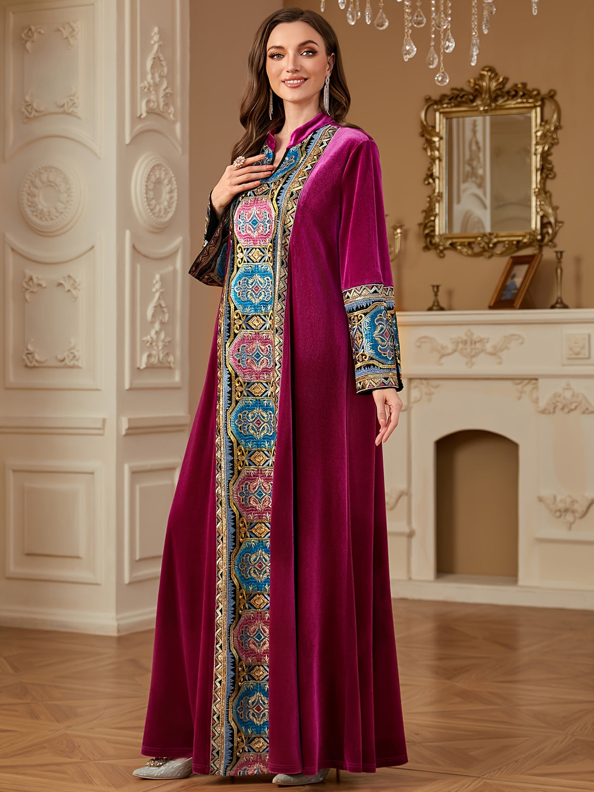 Women's Autumn and Winter Fashion V-Neck Elegant Retro Patchwork Solid Color Loose Arabic Long Dress