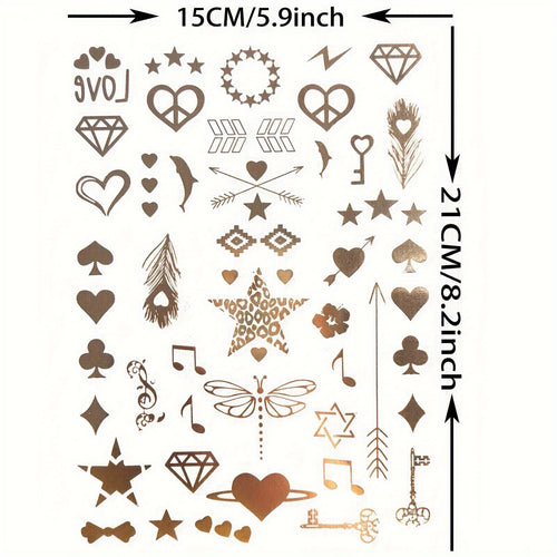 Metallic Temporary Tattoos in Golden - Waterproof Body Art Decals - 9-Sheet