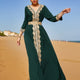 Ramadan Lace Trim V Neck Kaftan, Elegant Long Sleeve Maxi Dress, Women's Clothing