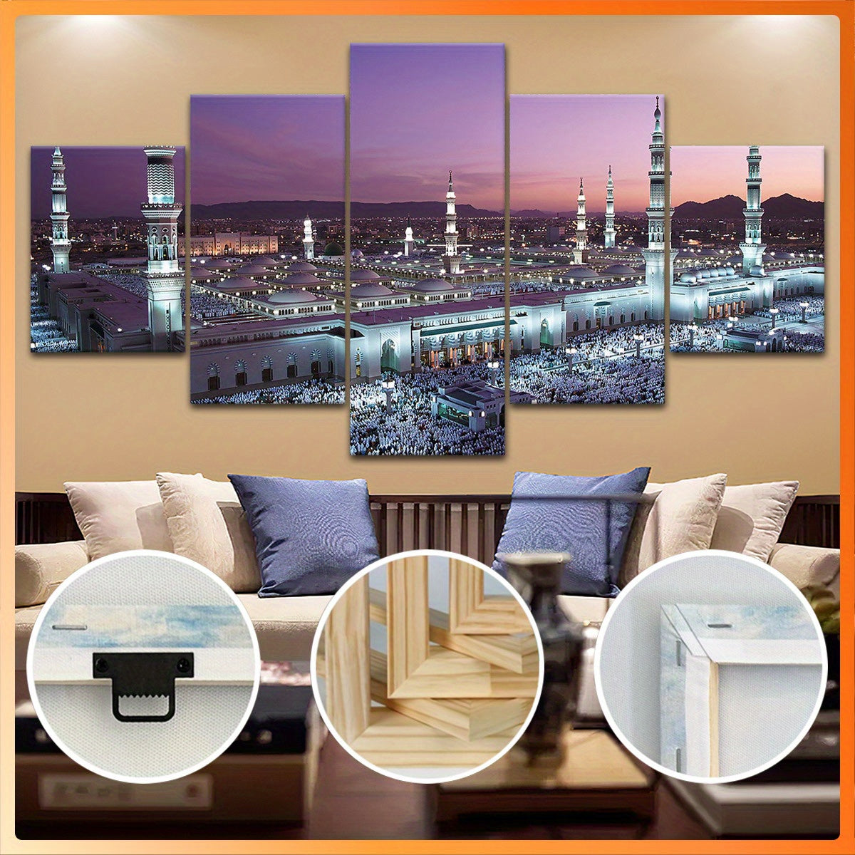 Mosque Landscape Canvas Wall Art Set, Wood Framed Ink Print Posters - 5pcs