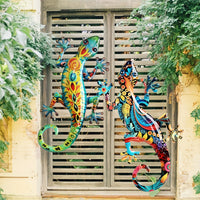 Large Metal Gecko Wall Decor with Handcrafted Floral Lizard Design - 2pcs