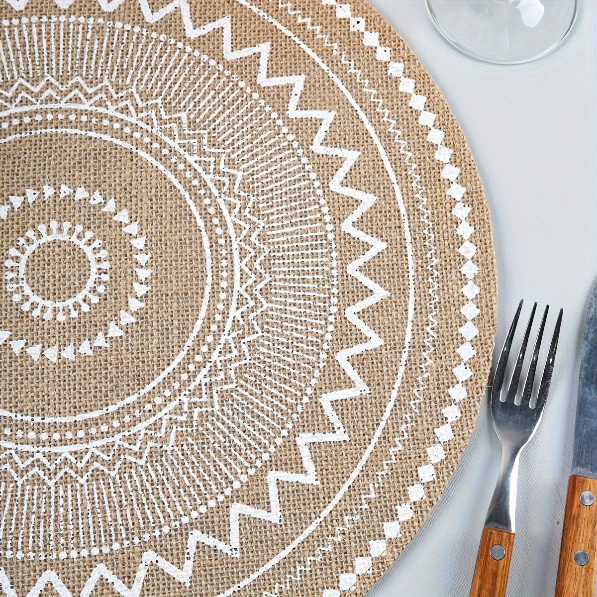4/6/8pcs Bohemian Jute Placemats Set, Non-Slip Round Dining Table Mats for Kitchen, Wedding, Home Decor, Christmas Party Table Decoration, Handwoven Tissue Cover, Washable