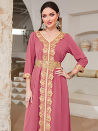 Ramadan Lace Trim V Neck Kaftan, Elegant Long Sleeve Maxi Dress, Women's Clothing
