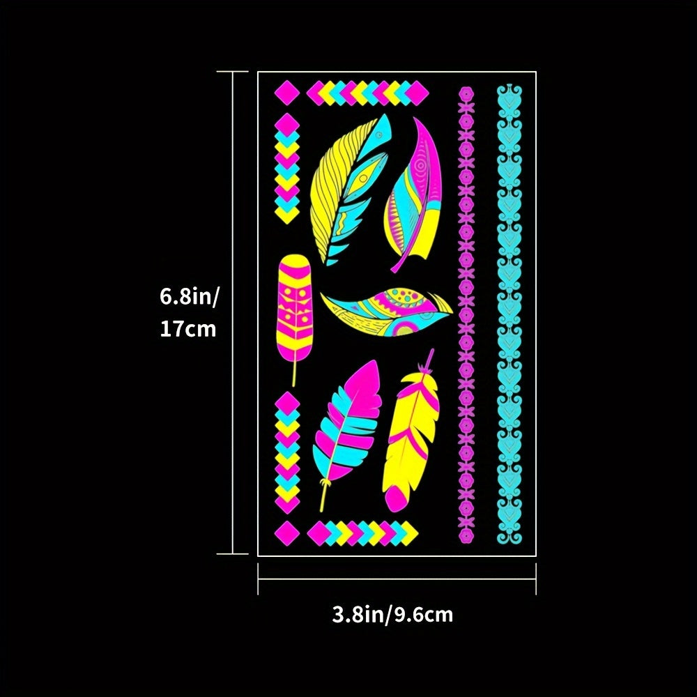 Neon Glow Temporary Tattoos, Blacklight Body Art Stickers, - 20 Sheets