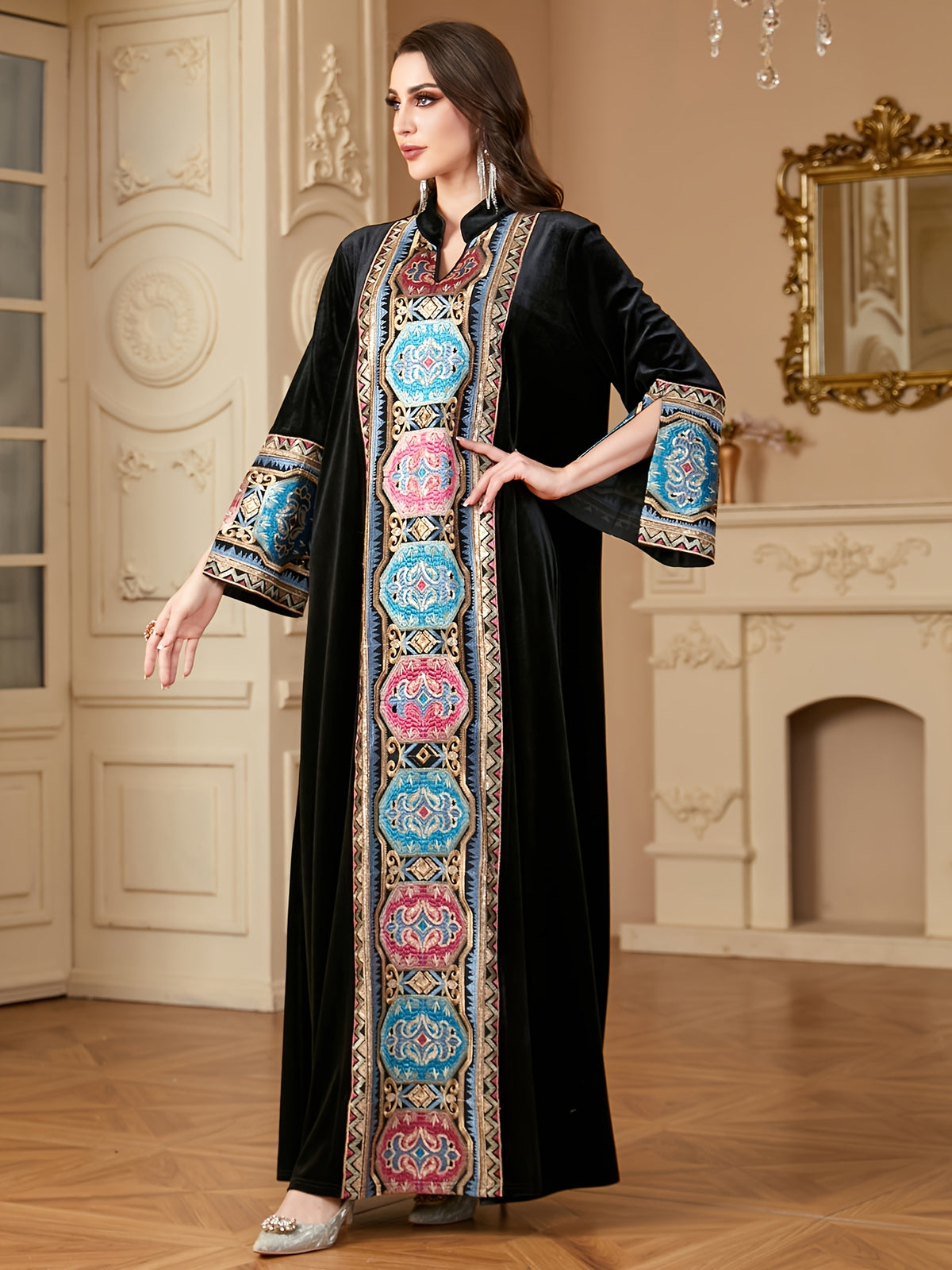 Women's Autumn and Winter Fashion V-Neck Elegant Retro Patchwork Solid Color Loose Arabic Long Dress