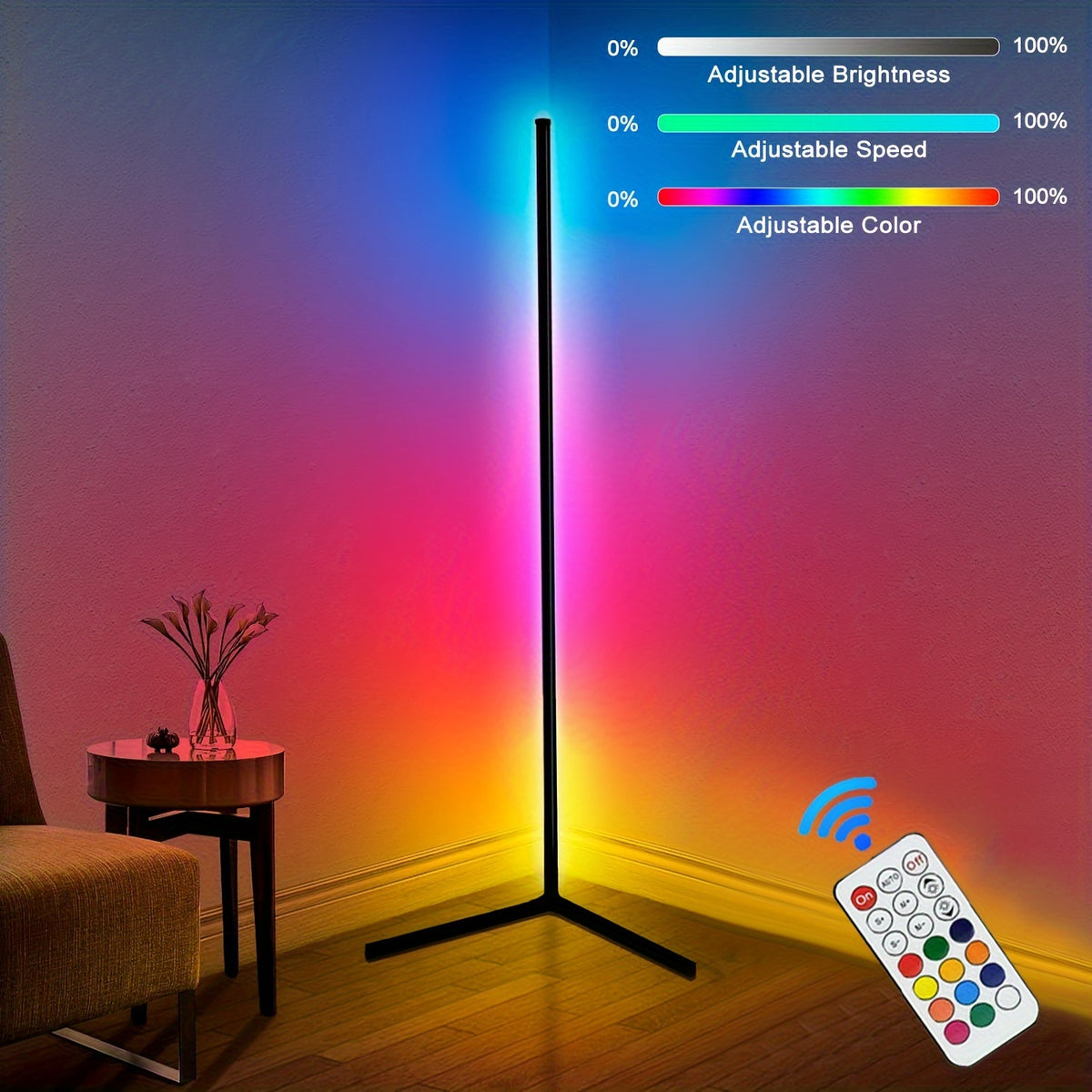 RGB LED Corner Floor Lamp with Remote, USB Powered - Adjustable Height