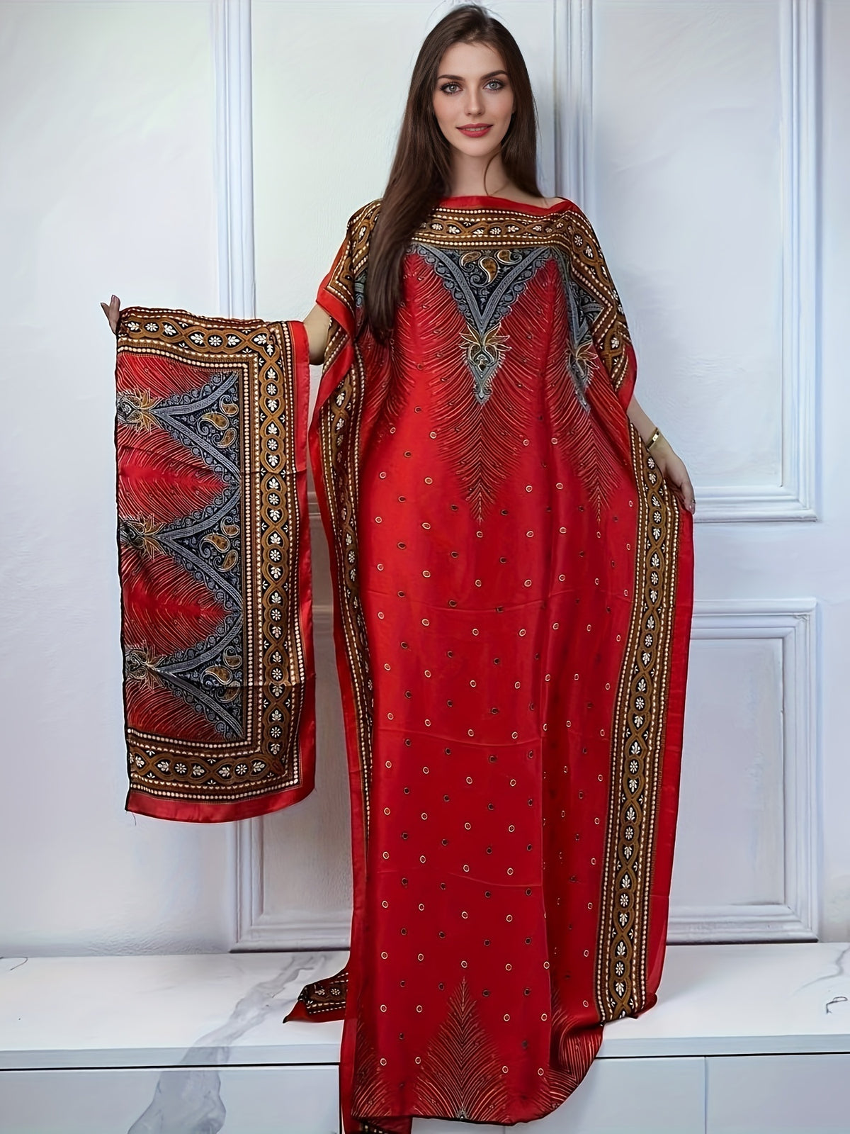 Print Boat Neck Abaya, Elegant Short Batwing Sleeve Loose Dress With Scarf For Spring & Summer, Women'S Clothing