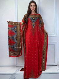 Print Boat Neck Abaya, Elegant Short Batwing Sleeve Loose Dress With Scarf For Spring & Summer, Women'S Clothing