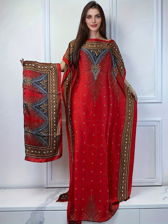 Print Boat Neck Abaya, Elegant Short Batwing Sleeve Loose Dress With Scarf For Spring & Summer, Women'S Clothing