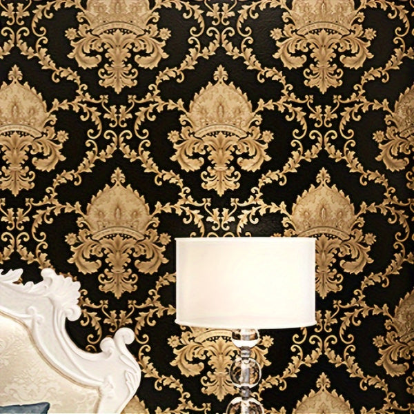 Luxury Black & Golden 3D Damask Embossed Wallpaper