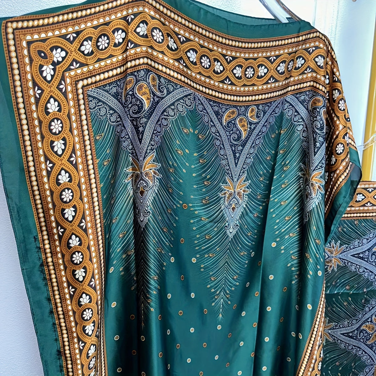 Print Boat Neck Abaya, Elegant Short Batwing Sleeve Loose Dress With Scarf For Spring & Summer, Women'S Clothing
