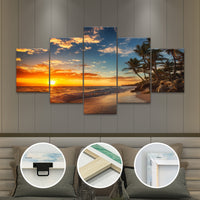 Wooden Framed Canvas Poster, Sunset Sea View Beach Coconut Trees Canvas - 5pcs/set