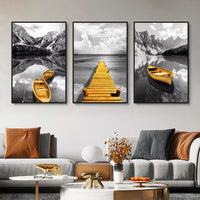 Frameless Canvas Prints - Yellow Boat on Lake & Golden Wooden Bridge - 3pcs Set