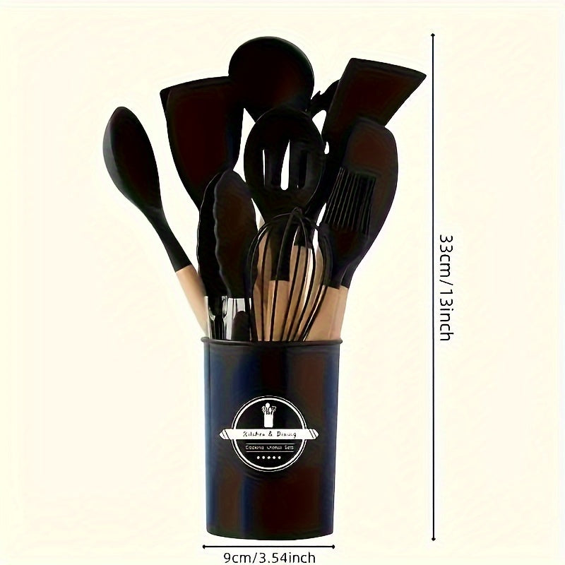 Silicone Kitchen Utensil Set with Wooden Handles