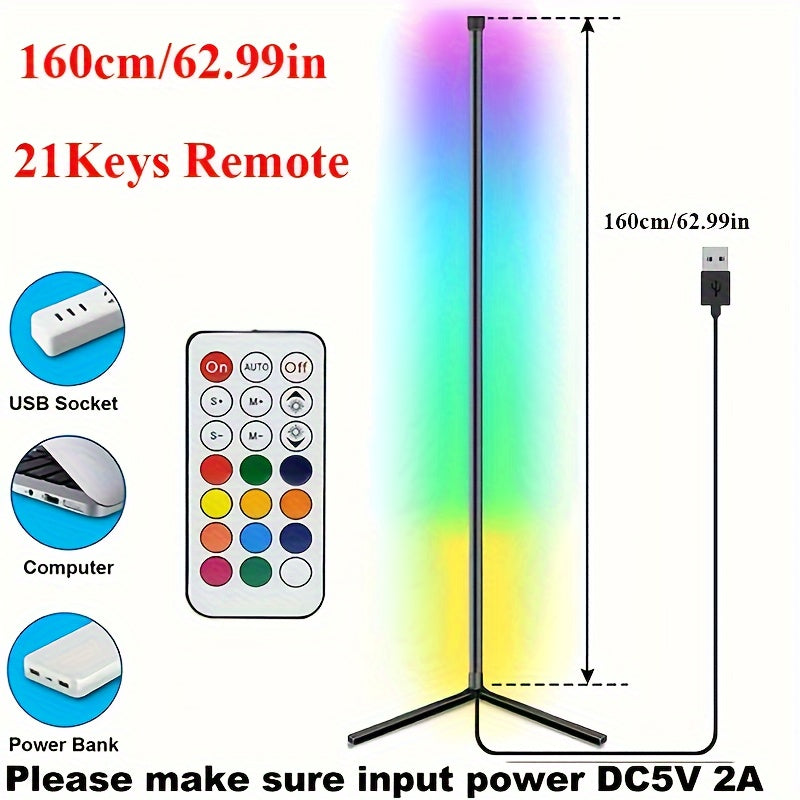 RGB LED Corner Floor Lamp with Remote, USB Powered - Adjustable Height