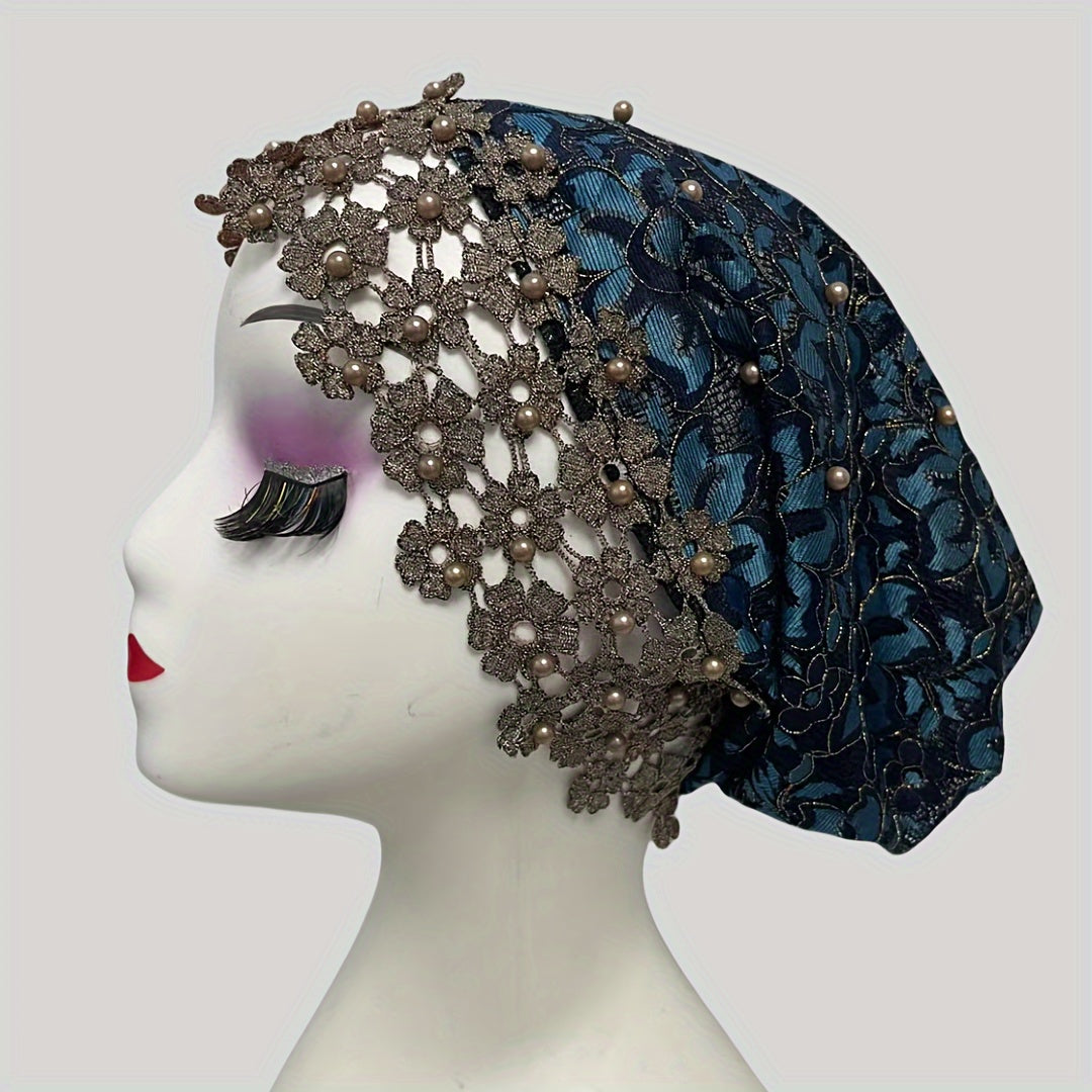 Elegant Jacquard Polyester Headscarf with Pearl Embellishments