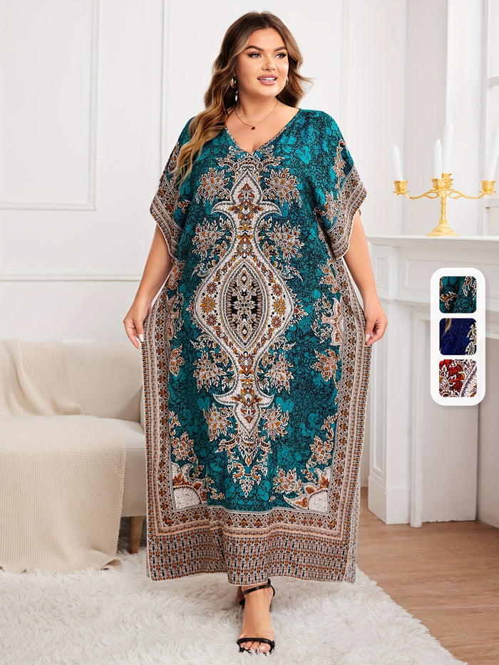 Plus Size Ethnic Floral Print Slit Dress, Casual V Neck Batwing Sleeve Dress For Spring & Summer, Women's Plus Size Clothing