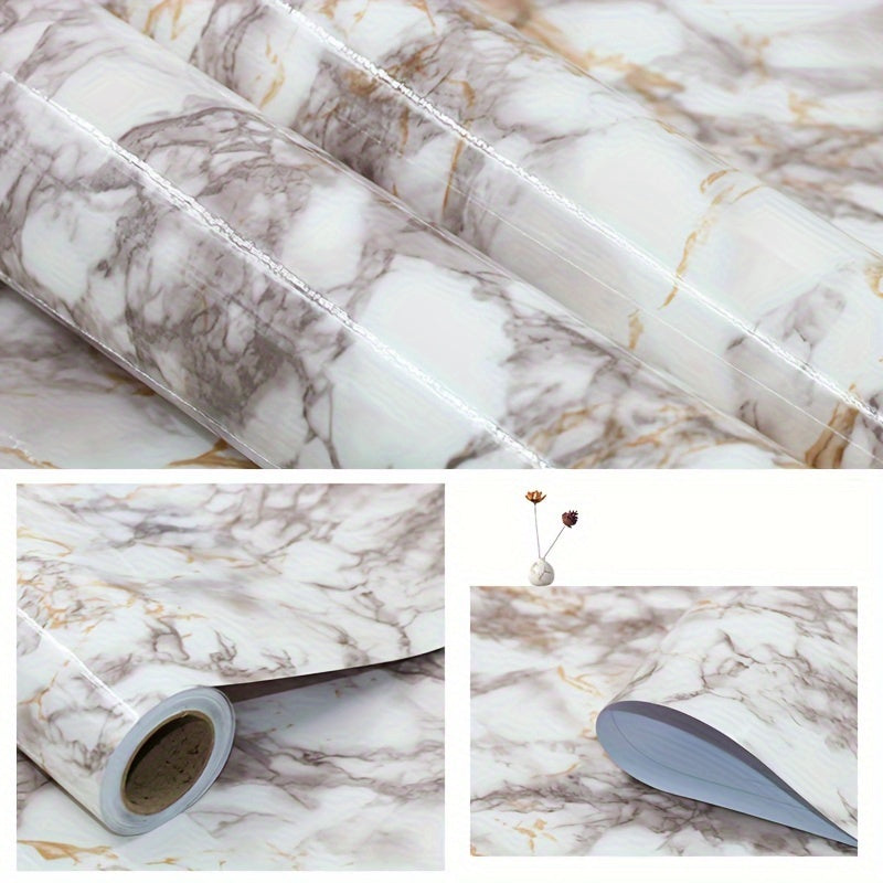 1 Roll Self-Adhesive Marble Vinyl Wallpaper, Thicker Glossy Finish, Stone And Wood Style, Waterproof Oil-Proof, Renovation Stickers For Kitchen Bathroom TV Background Wall, Vinyl Material