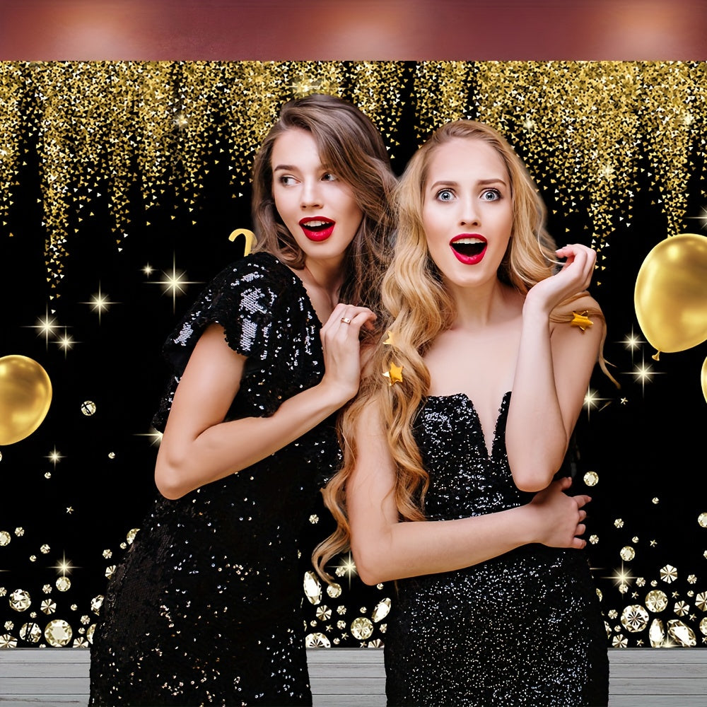 Luxurious Black & Golden Happy Birthday Backdrop with Diamond Balloons and Glitter - Polyester Photography Background for Indoor/Outdoor Parties, 152.4x91.44cm/213.36x152.4cm/243.84x182.88cm