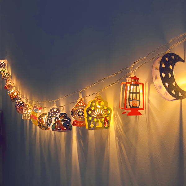 Elegant 1.65m Colorful Metal Ramadan String Lights with 10 LED Lanterns