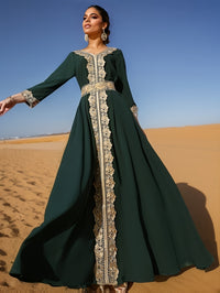 Ramadan Lace Trim V Neck Kaftan, Elegant Long Sleeve Maxi Dress, Women's Clothing