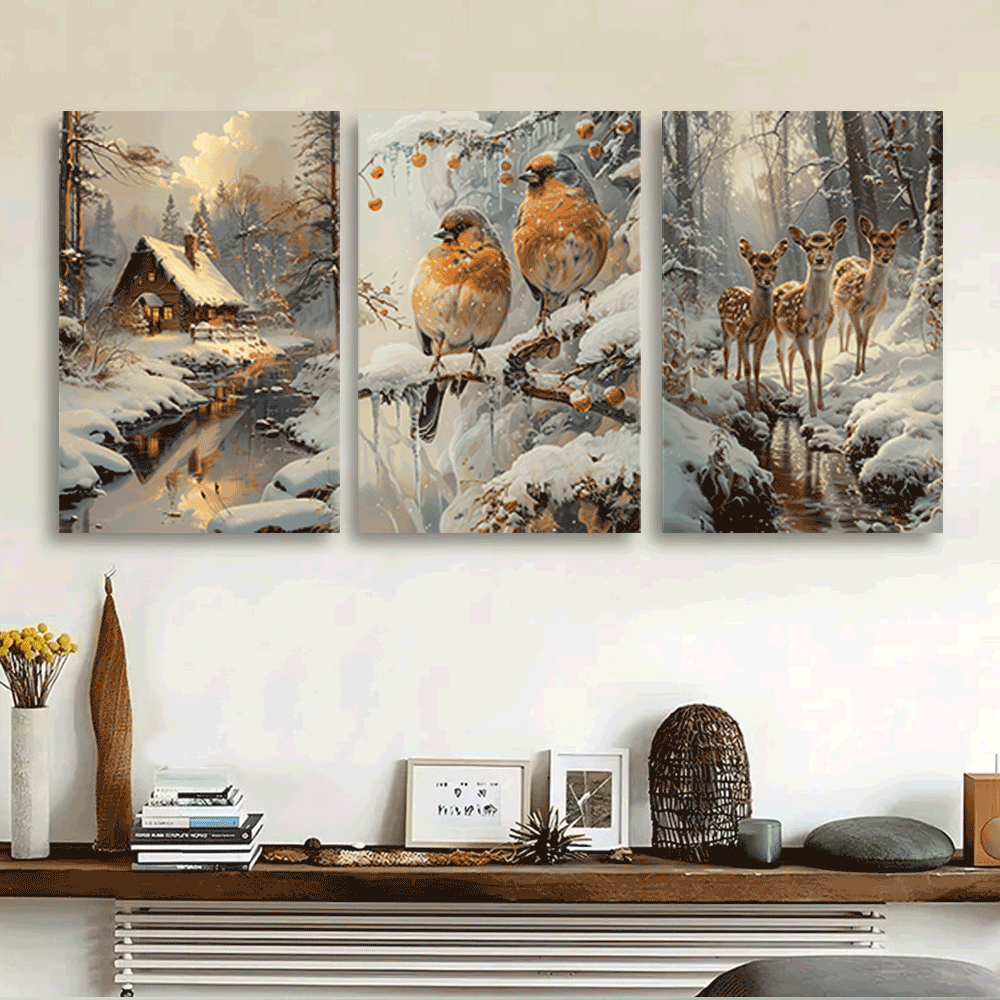 Winter Cabin & Wildlife Canvas Art Set, 39.88x59.94cm - 3pcs