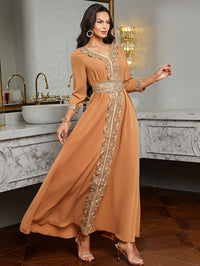 Ramadan Lace Trim V Neck Kaftan, Elegant Long Sleeve Maxi Dress, Women's Clothing