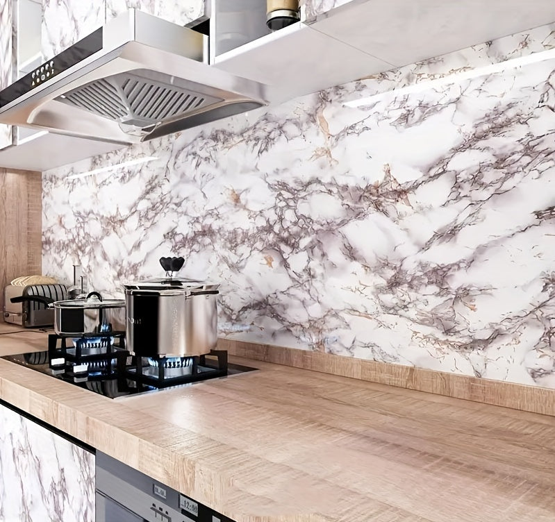 1 Roll Self-Adhesive Marble Vinyl Wallpaper, Thicker Glossy Finish, Stone And Wood Style, Waterproof Oil-Proof, Renovation Stickers For Kitchen Bathroom TV Background Wall, Vinyl Material