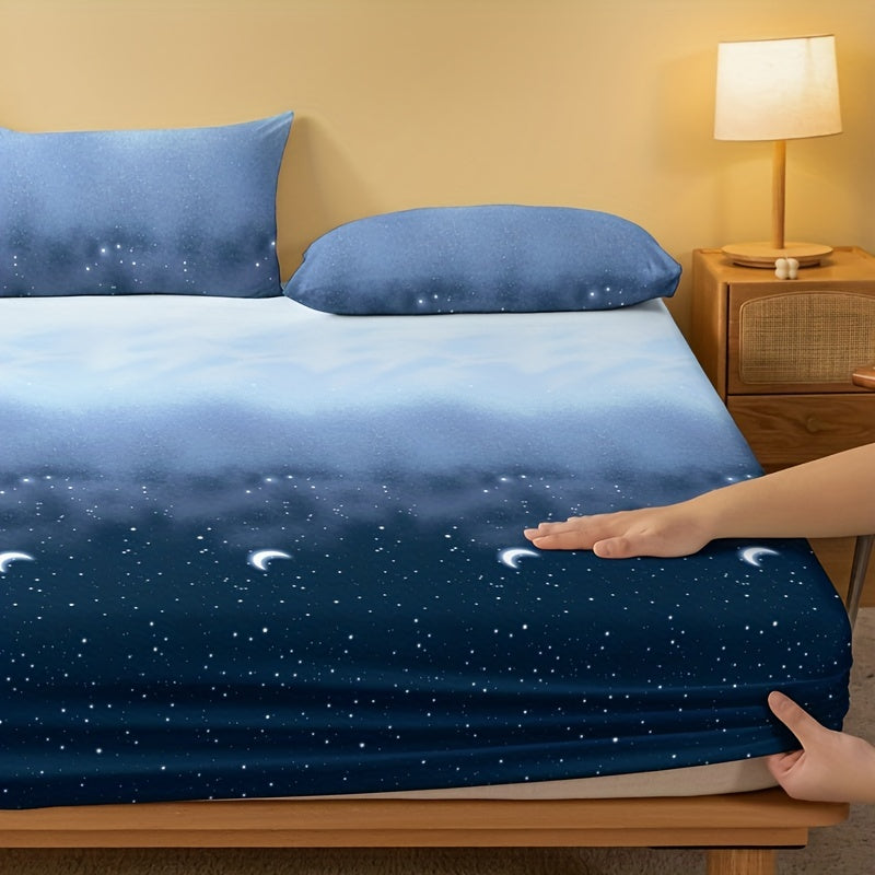 Starry Night Brushed Fitted Sheet - Soft, Breathable Polyester Bedding for Bedroom & Guest Room, Deep Pocket Design, Machine Washable