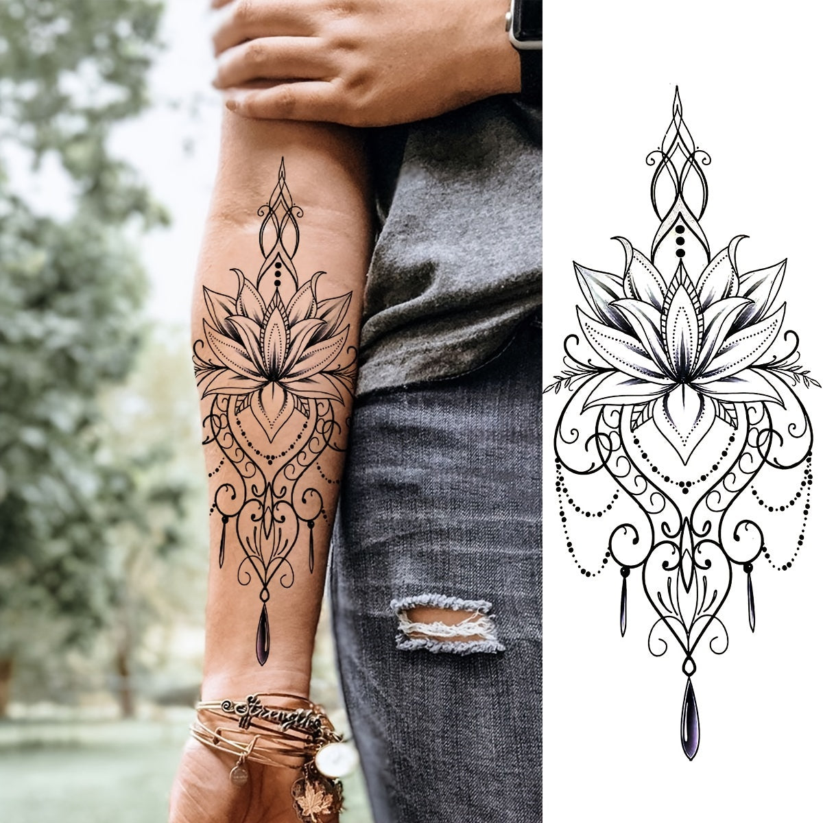 Black Henna Lotus Temporary Tattoos - Tribal Lace - 10 Sheets